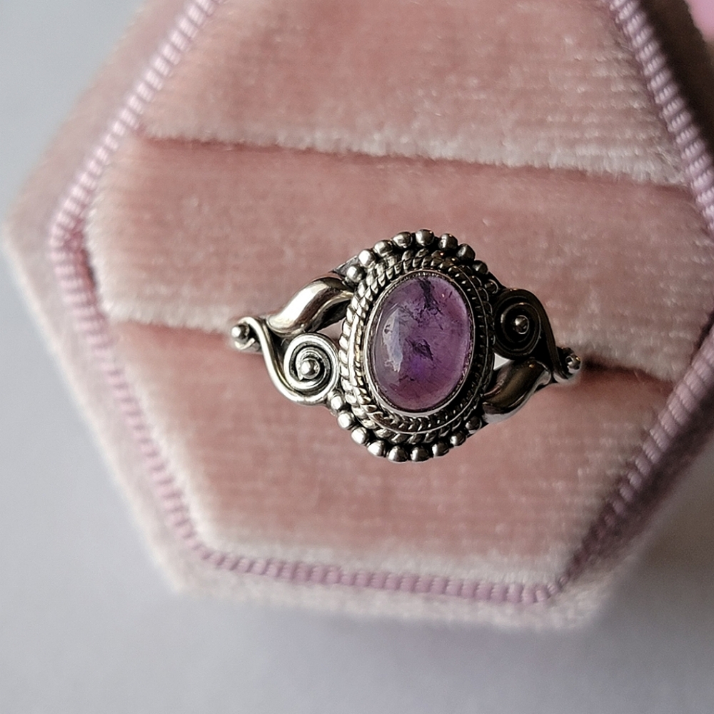 Amethyst Sterling Silver Dahlia Ring Oval Cabochon Filigree Crystal Gemstone